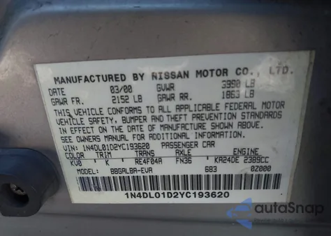 2000 Nissan Altima Gle/Gxe/Se/Xe z USA, uszkodzony, nr VIN 1N4DL01D2YC193620